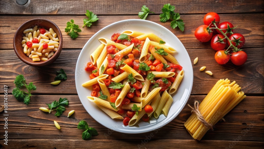 A plate of penne pasta with tomato sauce, cherry tomatoes, and parsley sprigs, garnished with pine nuts and a bundle of uncooked pasta on a wooden table A plate of penne pasta with tomato sauce, cherry tomatoes, and parsley sprigs, garnished with pine nuts and a bundle of uncooked pasta on a wooden table