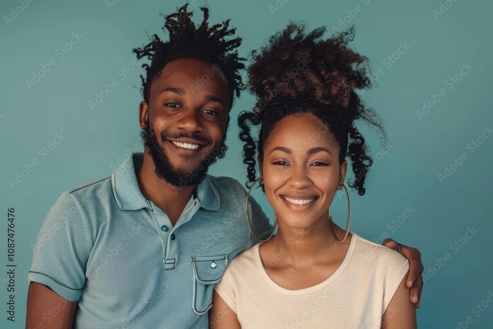 Portrait of a content multiethnic couple in their 30s donning a classy polo shirt while standing against soft teal background Portrait of a content multiethnic couple in their 30s donning a classy polo shirt while standing against soft teal background