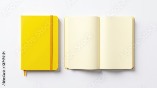 A modern moleskine classic notebook mockup featuring a sleek yellow design, displayed open and closed on a white surface.
