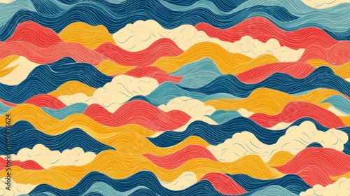 Colorful Seamless Background with Wavy Patterns in Vibrant Red, Yellow, Blue, and Cream Tones for Creative Design Projects