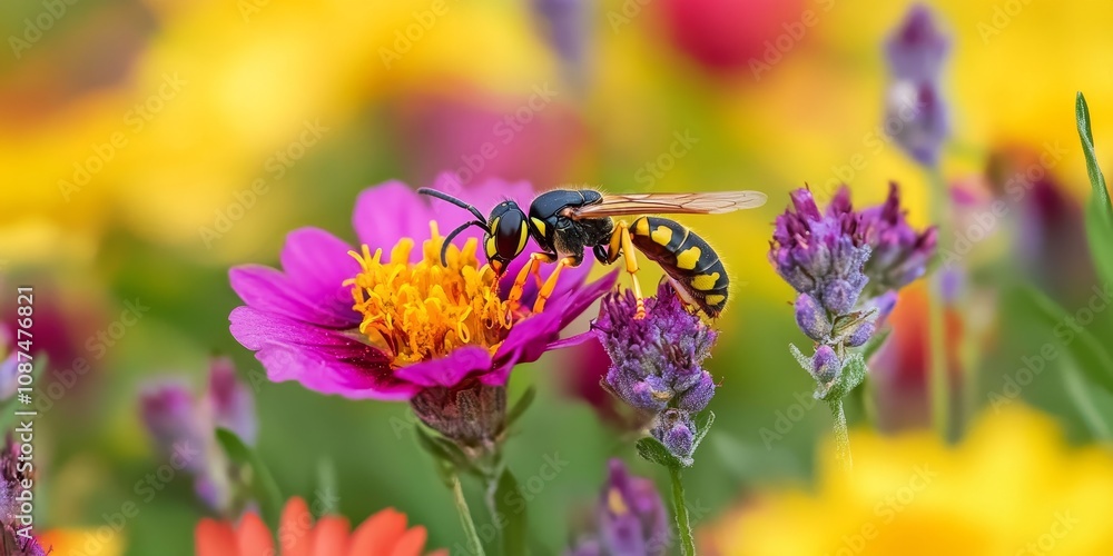 A small wasp resting on a vibrant wild flower, showcasing the beauty of nature and the unique interaction between wasps and wildflowers in their natural habitat. A small wasp resting on a vibrant wild flower, showcasing the beauty of nature and the unique interaction between wasps and wildflowers in their natural habitat.
