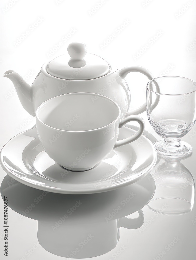 A minimalistic tea set featuring a teapot, cup, saucer, and glass. A minimalistic tea set featuring a teapot, cup, saucer, and glass.