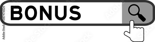 Search banner in word bonus with hand over magnifier icon on white background