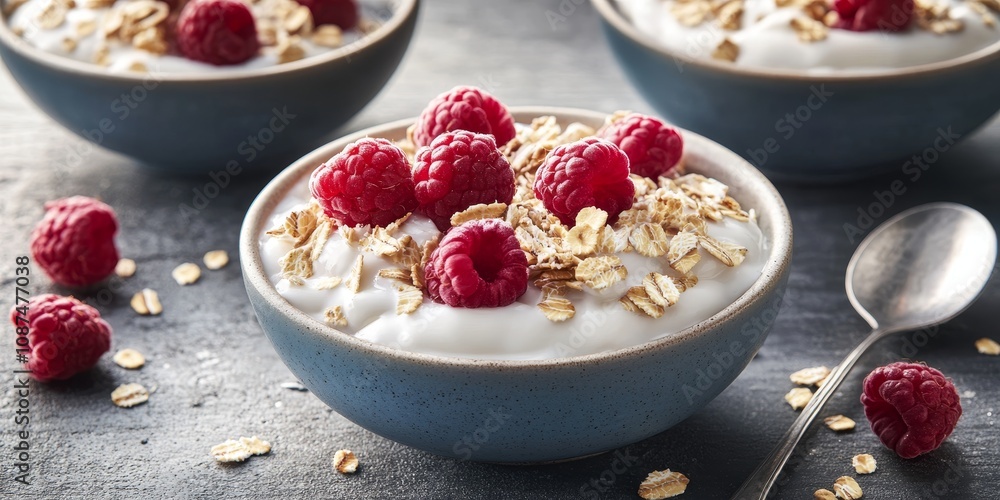 Delicious yogurt topped with a mix of muesli and fresh raspberries creates a perfect blend of flavors. Enjoy the tasty yogurt combined with nutritious muesli and vibrant raspberries. Delicious yogurt topped with a mix of muesli and fresh raspberries creates a perfect blend of flavors. Enjoy the tasty yogurt combined with nutritious muesli and vibrant raspberries.