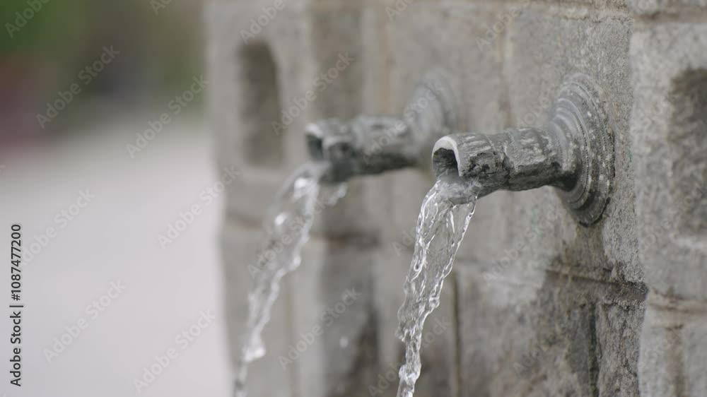 Drinkable clear water flows gently from two antique stone faucets in slow motion, emphasizing hydration and purity.