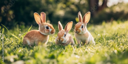 Three rabbits play in the vibrant green grass, creating a lively scene on the farm. The playful rabbits add charm as they hop around the lush green grass of the farm. photo