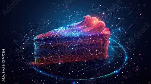 A piece of cake with red icing is shown in a digital art style with a blue, pink and purple background.