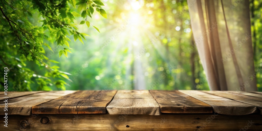 Rustic wooden table top with a blurry backdrop of green foliage and a curtain blowing gently in the summer breeze Rustic wooden table top with a blurry backdrop of green foliage and a curtain blowing gently in the summer breeze
