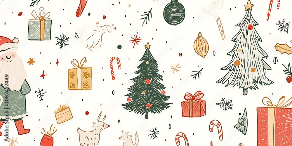 A festive Christmas background in a charming doodle hand-drawn style A festive Christmas background in a charming doodle hand-drawn style