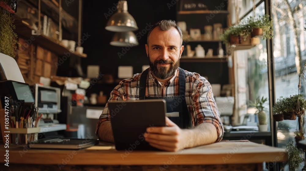Small business owner installing digital payment systems, showing the benefits of tech adoption Small business owner installing digital payment systems, showing the benefits of tech adoption