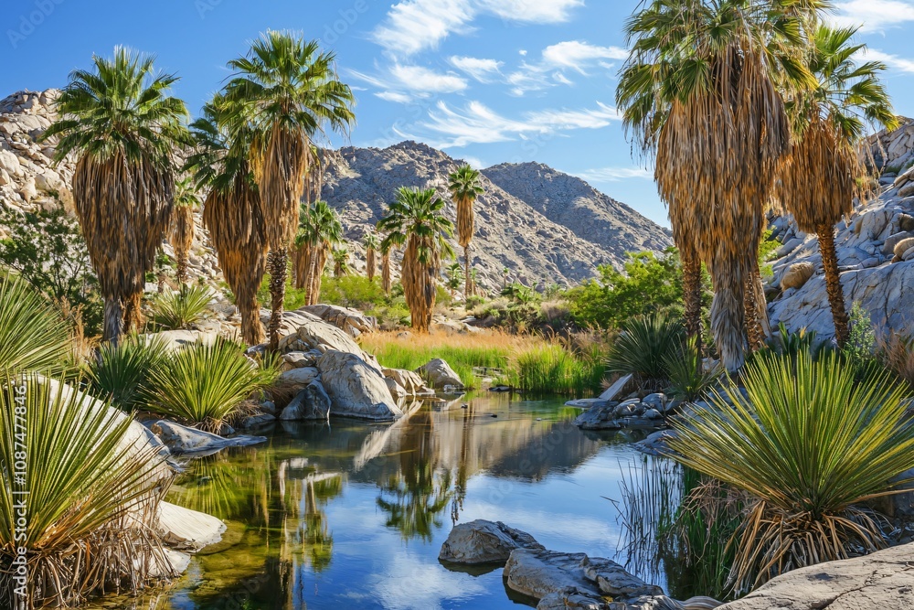 Obraz premium Serene Oasis: Palm Trees and Reflections in a Desert Landscape
