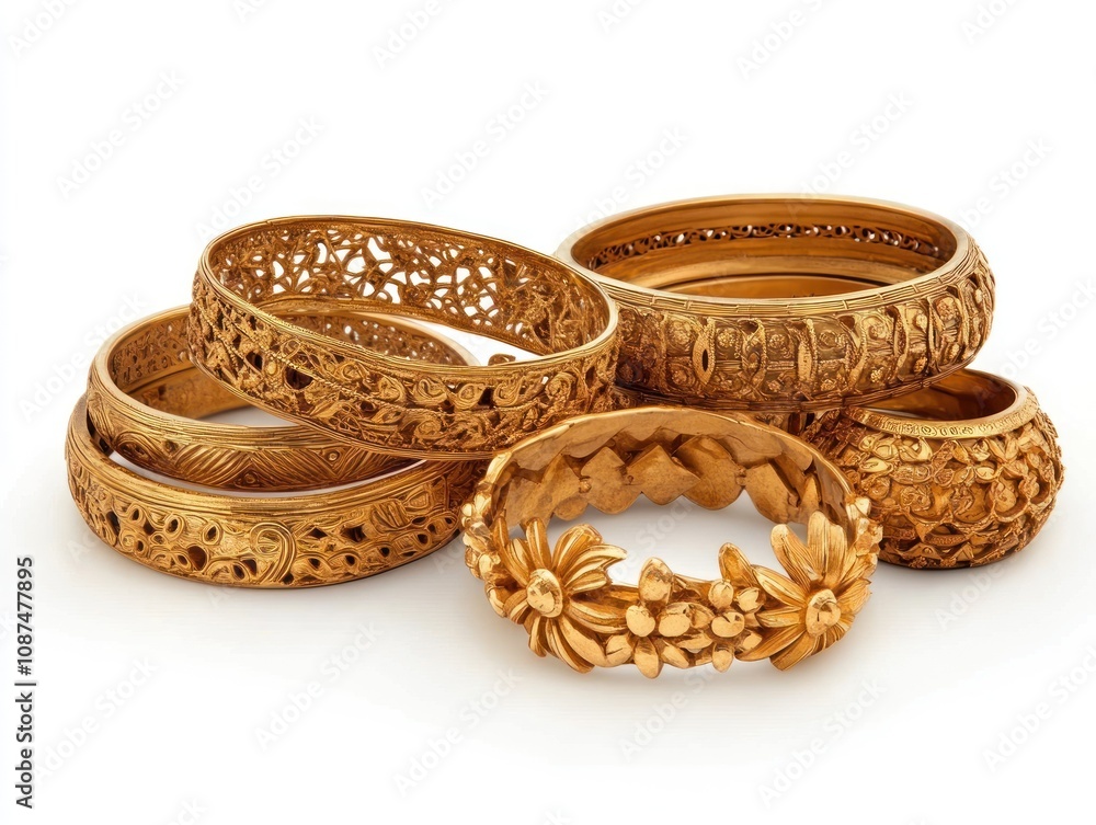 A collection of intricately designed gold bangles showcasing craftsmanship and elegance. A collection of intricately designed gold bangles showcasing craftsmanship and elegance.