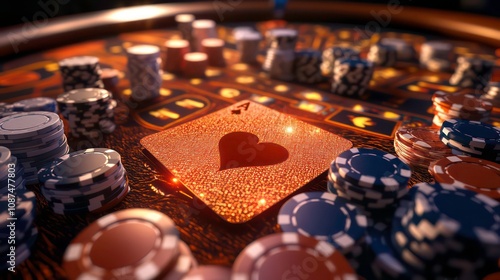 A close-up of a casino table with a single playing card, the seven of hearts, surrounded by stacks of poker chips. photo