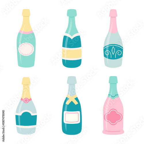 Champagne and wine bottles set in pastel colors in cute cartoon flat style