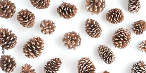 Pine cones and needles beautifully arranged on a clean white background, showcasing the intricate details of pine cones and the delicate nature of the accompanying needles.