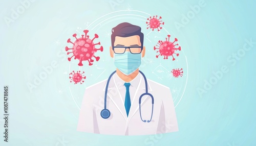 Illustration of a doctor wearing a mask, surrounded by virus symbols, representing healthcare and safety. photo