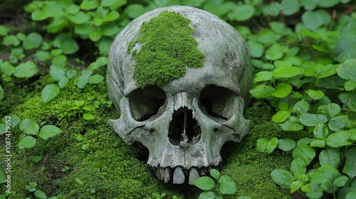 Moss-Covered Skull Surrounded by Lush Greenery in a Mysterious Forest Setting