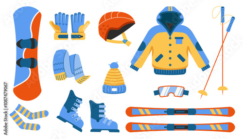 Winter sport equipment set. Snowboard, ski, gloves, helmet, jacket, socks, boots, hat, glasses. Winter sporting accessories for mountain skiing and skating in resort. Vector illustration in flat stile