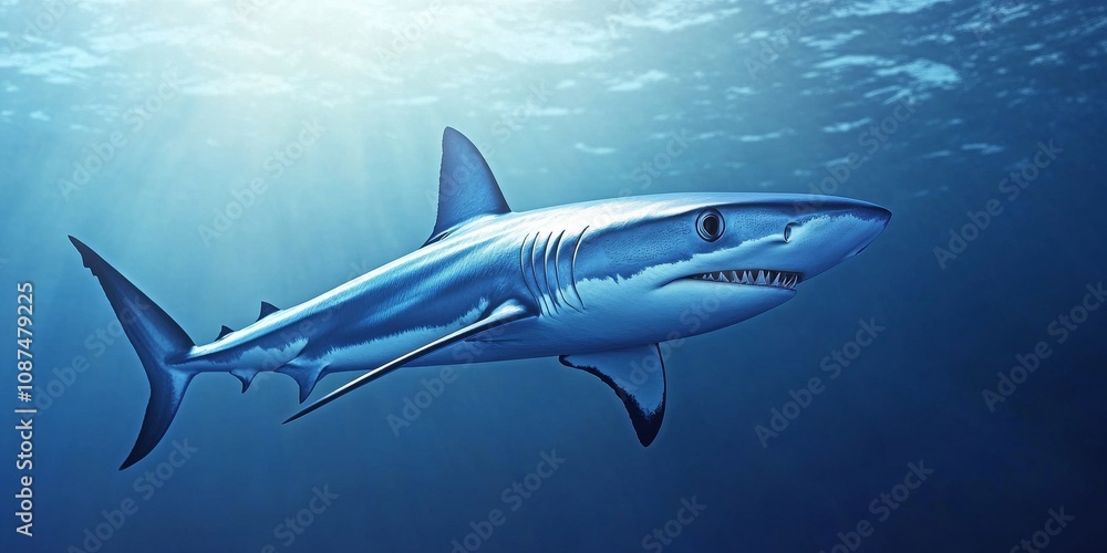 Fototapeta premium Blue Shark Prionace glauca swimming gracefully in the ocean, showcasing its beauty. This stunning Blue Shark represents the elegance and wonder of marine life. Experience the Blue Shark s charm.