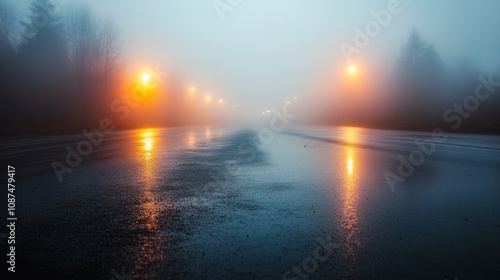 Solitary journey, a car traverses fogladen road, disappearing into the misty unknown. photo