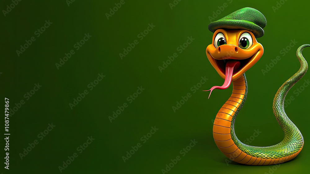 Fototapeta premium Happy 3D snake wearing tiny hat, smiling with its tongue out