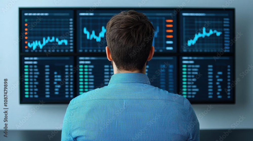 Professional Male Investor Analyzing Financial Market Data on Multiple Screens, Focused on Investment Trends and Stock Performance Analysis in a Modern Office Environment Professional Male Investor Analyzing Financial Market Data on Multiple Screens, Focused on Investment Trends and Stock Performance Analysis in a Modern Office Environment