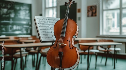 Cello on a stand with sheet music in a music classroom showcasing preparation