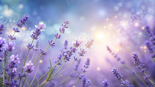 A delicate field of lavender blooms basking in the golden glow of the setting sun, adorned with ethereal sparkling lights.