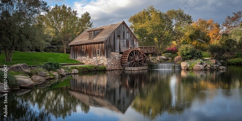 Rustic old mill by the water, showcasing the charm and beauty of traditional craftsmanship. The old mill reflects a serene landscape, highlighting the peaceful coexistence of nature and history.