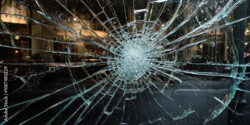 Shattered glass reflects the aftermath of a broken window display, showcasing the intricate patterns formed by the shattered glass fragments that highlight the impact of the damage.