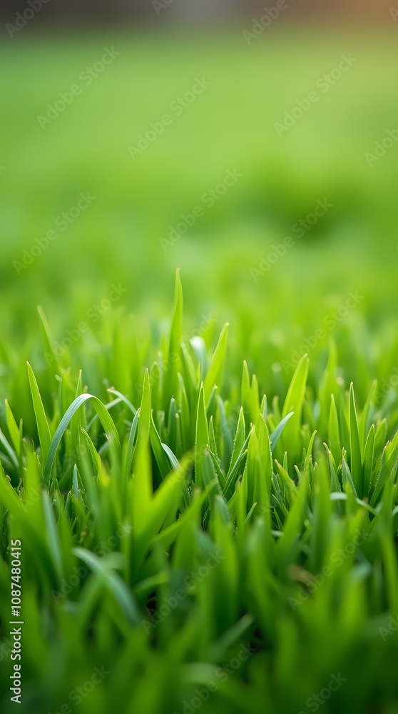 Fototapeta premium Green lawn with fresh grass outdoors, ground level perspective