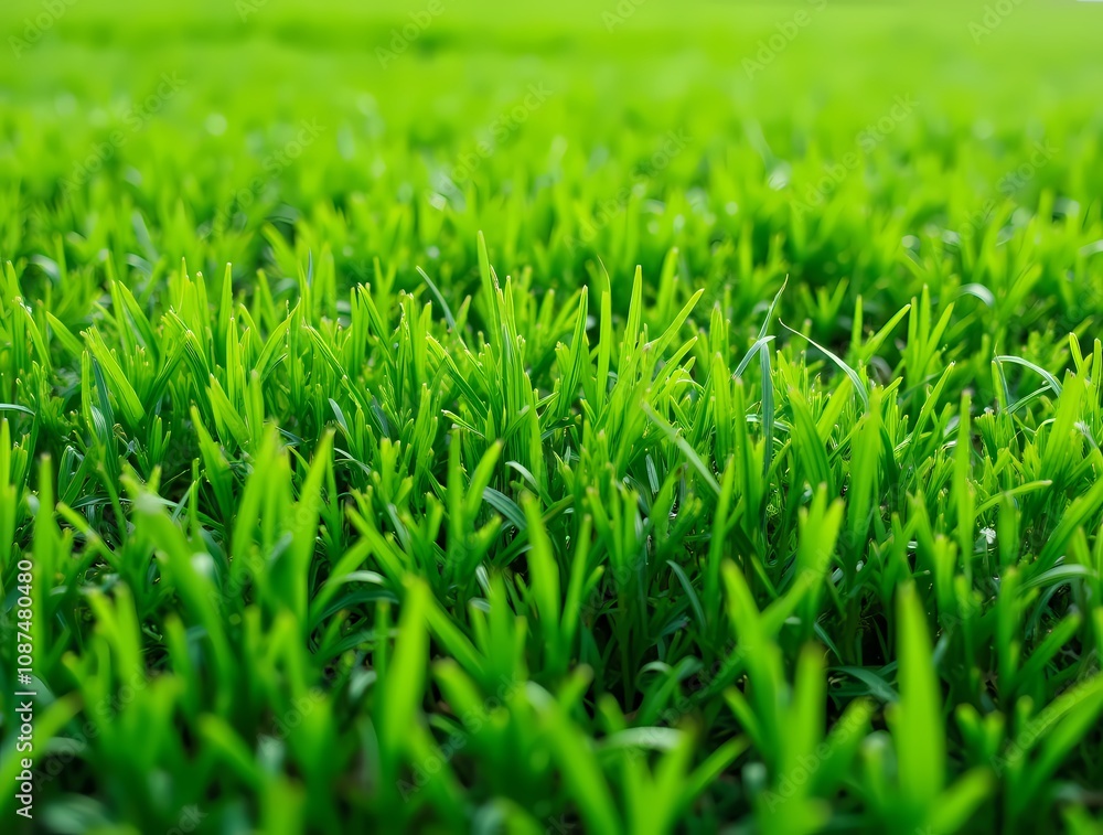 Green lawn with fresh grass outdoors, ground level perspective Green lawn with fresh grass outdoors, ground level perspective