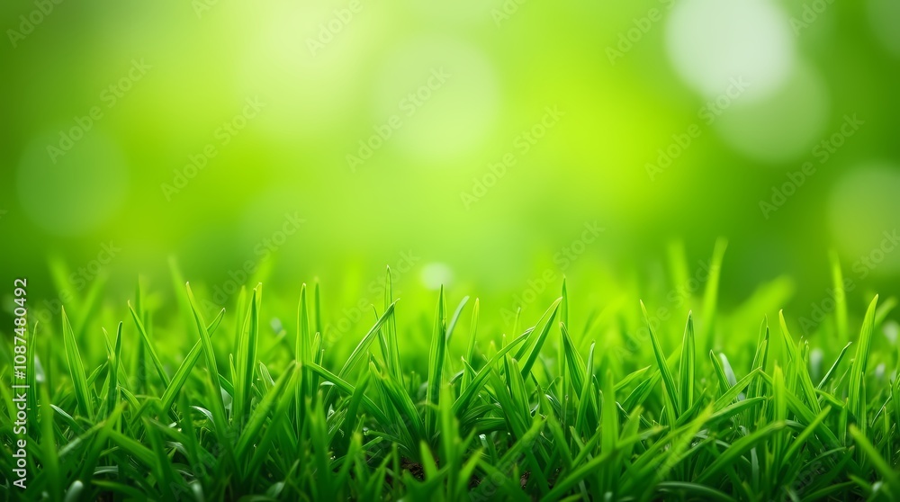 Obraz premium Green lawn with fresh grass outdoors, ground level perspective