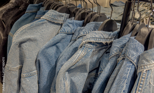 Obraz na płótnie Jeansjacken auf einem Kleiderständer w salonie