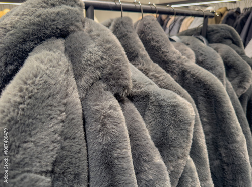 Obraz na płótnie Kunstfell Winterjacke im Winterschlussverkauf auf einem Kleiderständer w salonie
