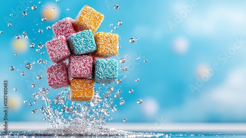 Colorful sugar cubes splashing into water, creating dynamic motion with droplets against a vibrant blue background adorned with bokeh highlights. photo