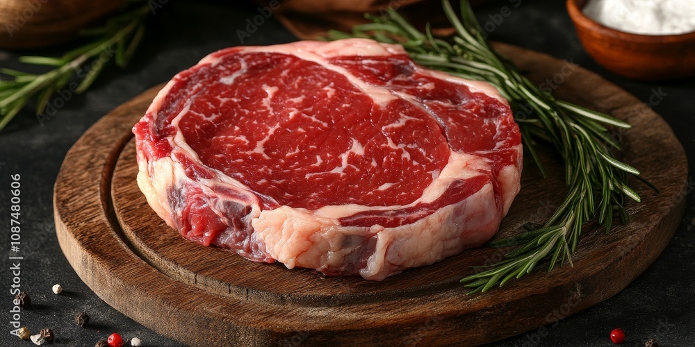 Raw rib eye steak displayed on a wooden board, showcasing the textures and colors of the raw rib eye steak. This close up presents the raw rib eye steak in a captivating way. Raw rib eye steak displayed on a wooden board, showcasing the textures and colors of the raw rib eye steak. This close up presents the raw rib eye steak in a captivating way.