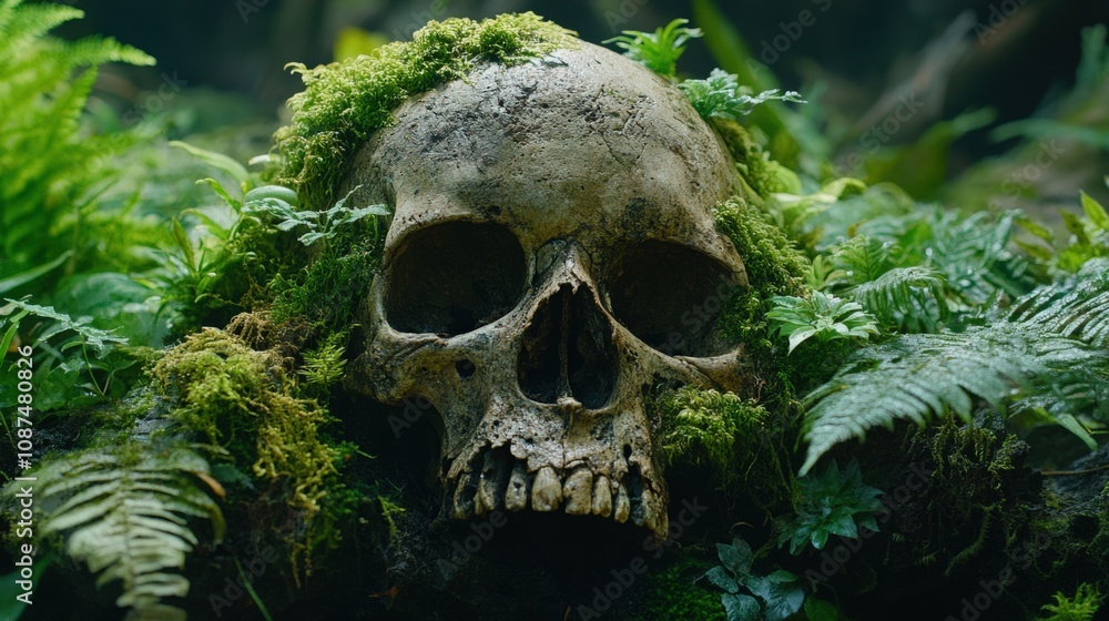 Mysterious Skull Surrounded by Lush Greenery in Nature Mysterious Skull Surrounded by Lush Greenery in Nature