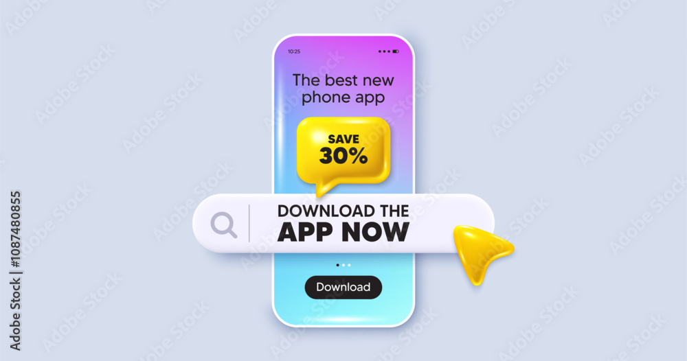 Obraz premium Save 30 percent off tag. Phone mockup screen. Download the app now. Sale Discount offer price sign. Special offer symbol. Phone download app search bar. Discount text message. Vector