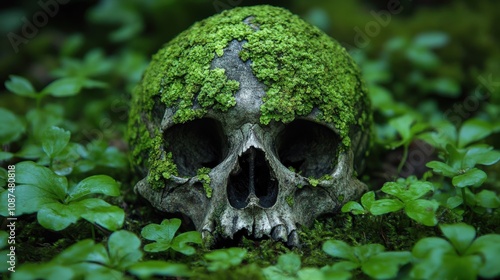 Mystical Skull Adorned with Lush Green Moss in a Forest Setting