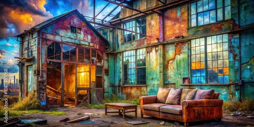 An old, weathered, industrial building with a couch and a table in front, rust and decay have given the building a rainbow of colors