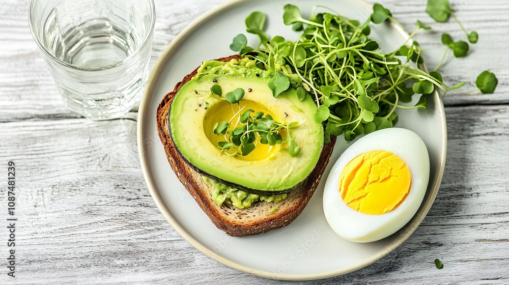 Balanced Breakfast: Avocado Toast with Microgreens and Boiled Egg on Wooden Table Balanced Breakfast: Avocado Toast with Microgreens and Boiled Egg on Wooden Table