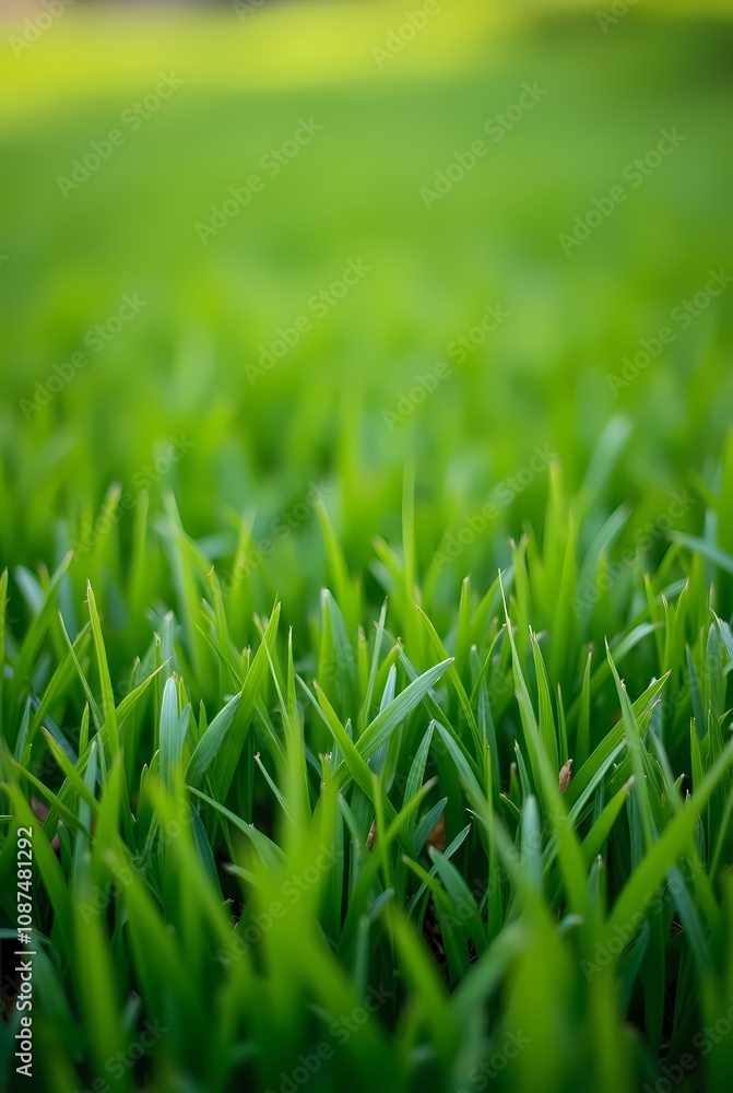Fototapeta premium Green lawn with fresh grass outdoors, ground level perspective