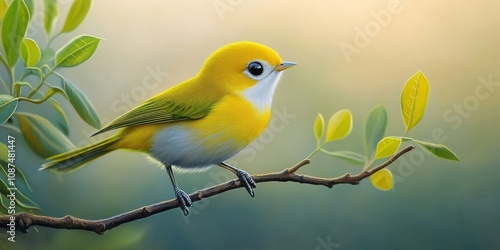 Charming Oriental white eye, a delightful yellow bird known for its vibrant color and playful nature. Capture the beauty of the enchanting Oriental white eye in its natural habitat.