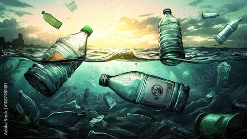 Floating plastic bottles in polluted river, highlighting environmental issues