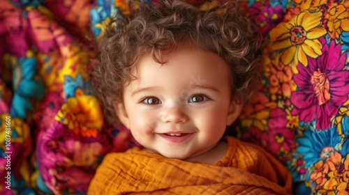 Joyful Baby Smiling on Colorful Floral Blanket