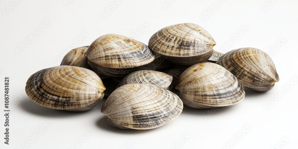 Fresh raw clams are beautifully stacked against a white background, showcasing the natural texture and color of clams, perfect for culinary or seafood related imagery featuring clams. Fresh raw clams are beautifully stacked against a white background, showcasing the natural texture and color of clams, perfect for culinary or seafood related imagery featuring clams.