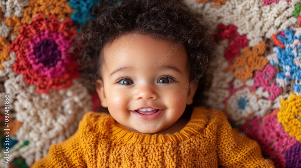 Joyful Baby Smiling on Colorful Handmade Blanket Joyful Baby Smiling on Colorful Handmade Blanket