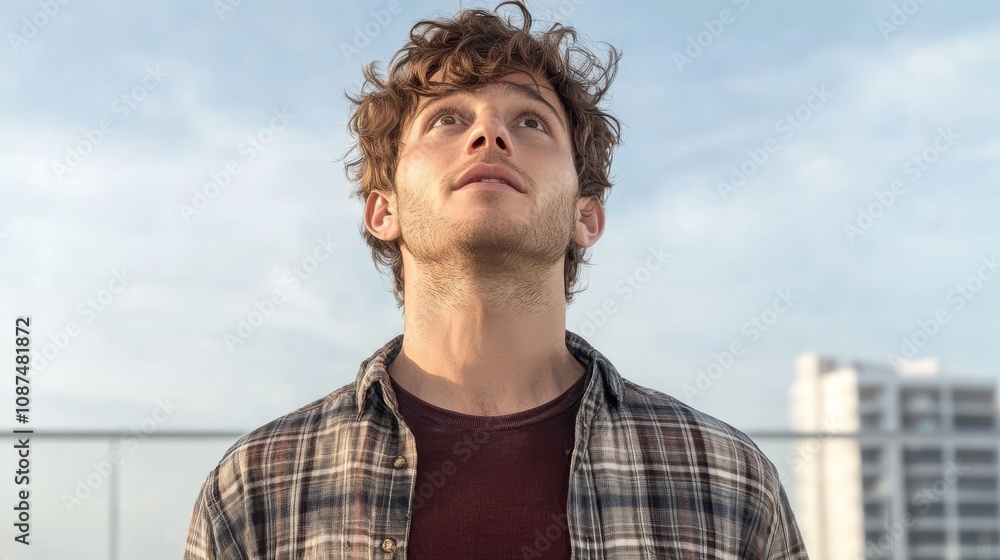 Portrait of a young man with curly hair gazing upwards, standing outdoors against a blue sky with soft clouds.. Portrait of a young man with curly hair gazing upwards, standing outdoors against a blue sky with soft clouds..