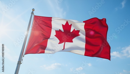 Canada flag waving proudly against a bright blue sky with clouds